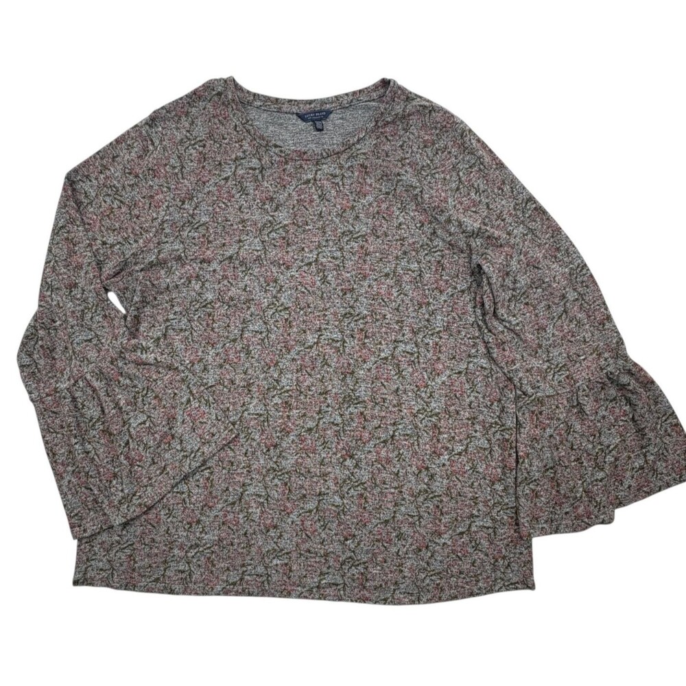 Lucky Brand Abstract Floral Knit Bell Sleeve Top Plus 2X Heather Gray Pink